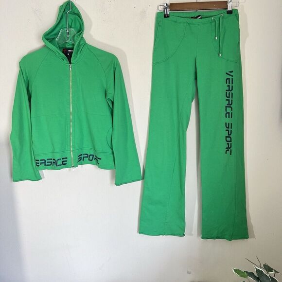 Versace Sport Women’s Tracksuit Set Logo XS Green Vintage Y2K 90s Pockets